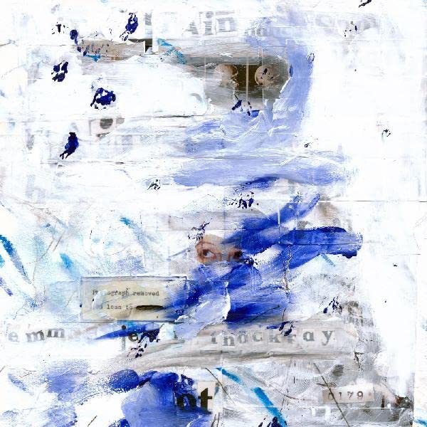 Abstract blue and white album cover with fragmented text.