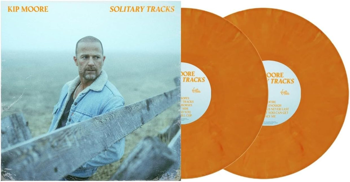 Vinyl 2LP of Kip Moore’s “Solitary Tracks” with orange records and cover art.