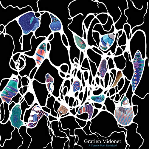Black and white abstract design with colorful, fragmented shapes and text.