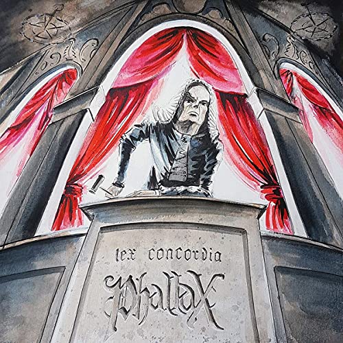Painted CD cover: man at a podium with red curtains, gothic style.