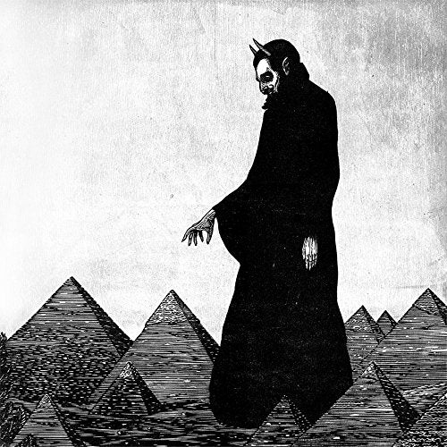 Black and white illustration of a horned figure before pyramids.