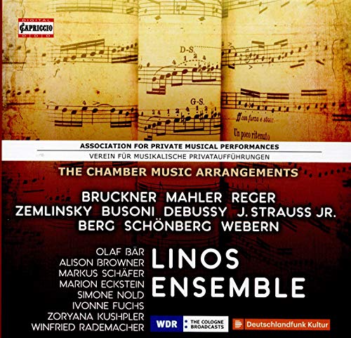 CD cover for Linos Ensemble’s chamber music arrangements, featuring sheet music.