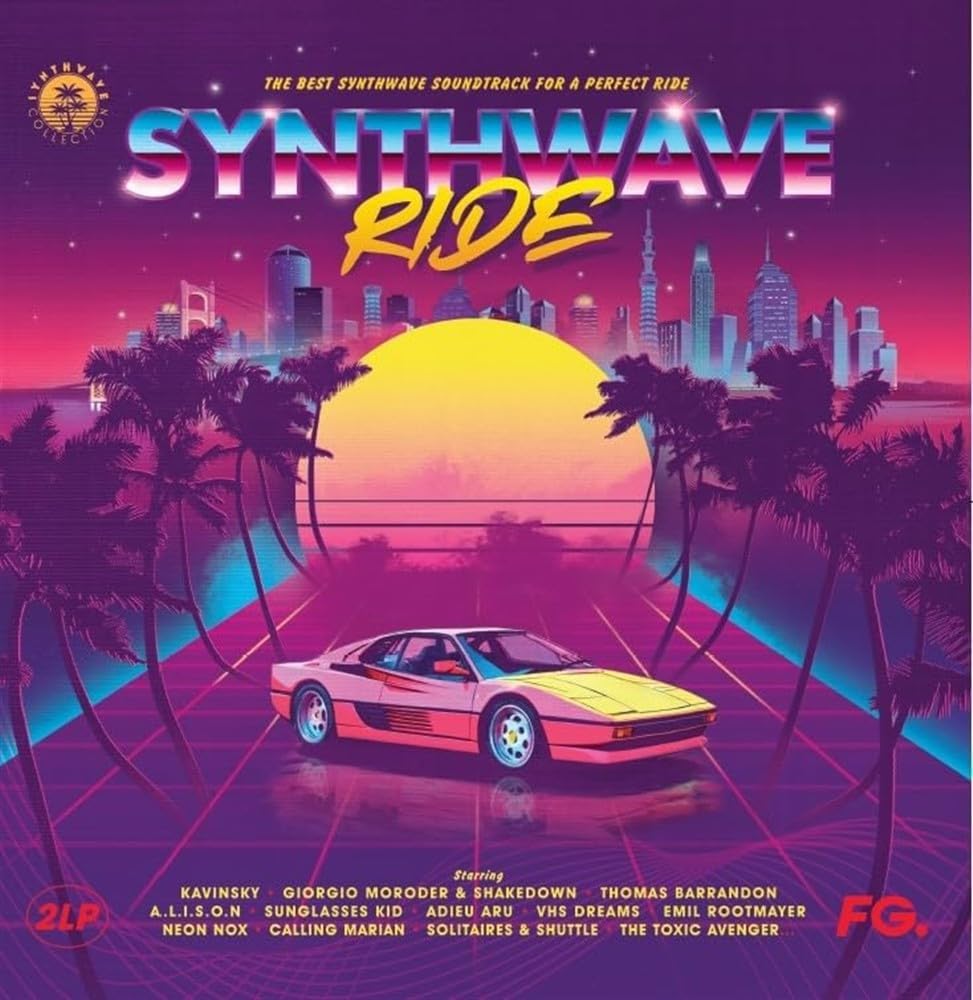 Synthwave Ride vinyl album cover with a red car and neon city skyline.
