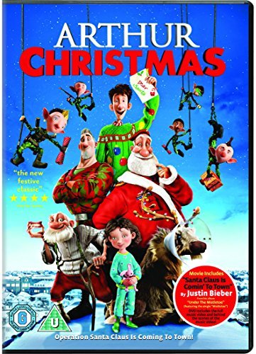 Arthur Christmas" DVD cover featuring Santa, elves, and a young girl.