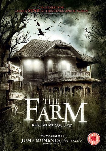DVD cover for "The Farm" showing a dilapidated house and warning signs.