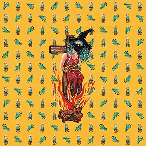 Album cover: Witch tied to wood, flames rising, surrounded by frogs.