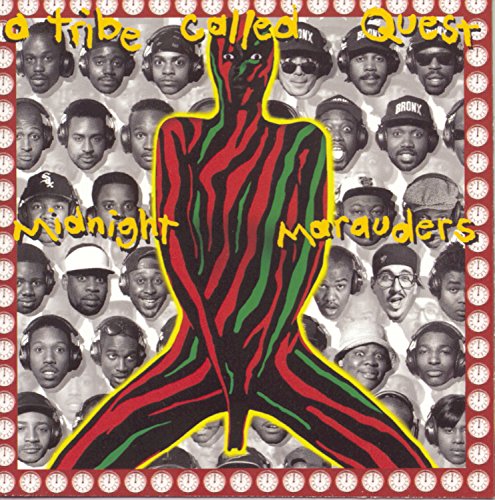 A Tribe Called Quest’s “Midnight Marauders” album cover with figures and clocks.