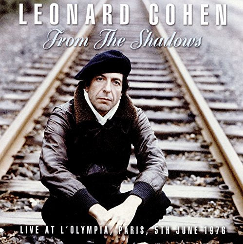 Leonard Cohen album cover: portrait on railroad tracks, wearing a beret.