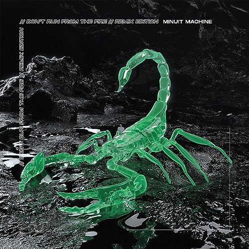 Glowing green scorpion against a rocky, dark background with text overlay.