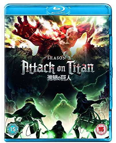 Attack on Titan Season 2 Blu-ray cover featuring a giant titan and soldiers.