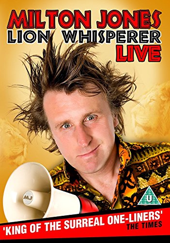 DVD cover featuring comedian Milton Jones with a megaphone and lions.