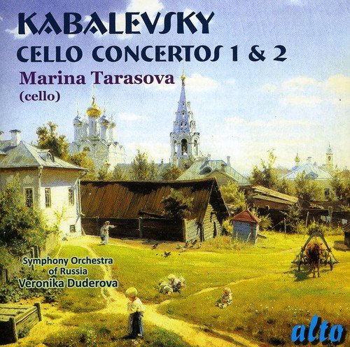 CD cover: Russian village scene with text “Kabalevsky Cello Concertos.”