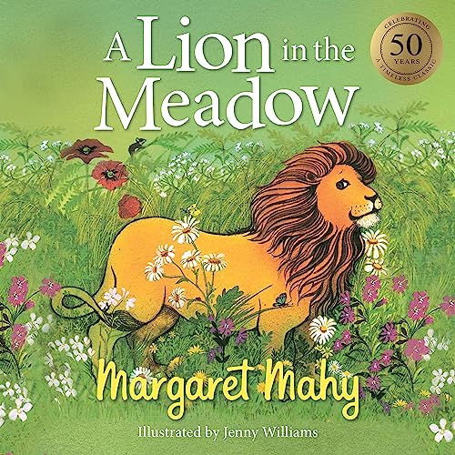 Book cover: a golden lion rests in a colorful wildflower meadow.