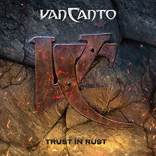 Van Canto album cover, "Trust in Rust," featuring a large, rusty letter "V".