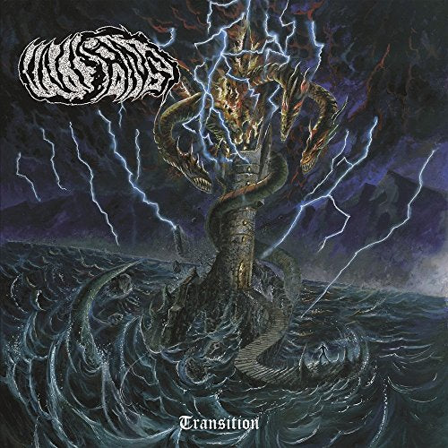 Dark fantasy album cover with a tower, sea serpent, and lightning.