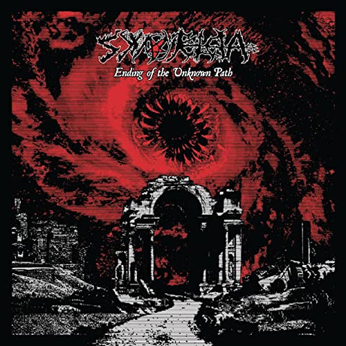 Red and black album cover with an eye and ruined architecture.