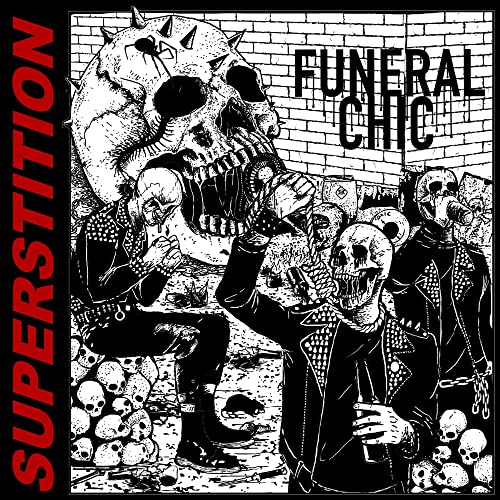 Black and white illustration of skeletons in leather jackets with a giant skull.