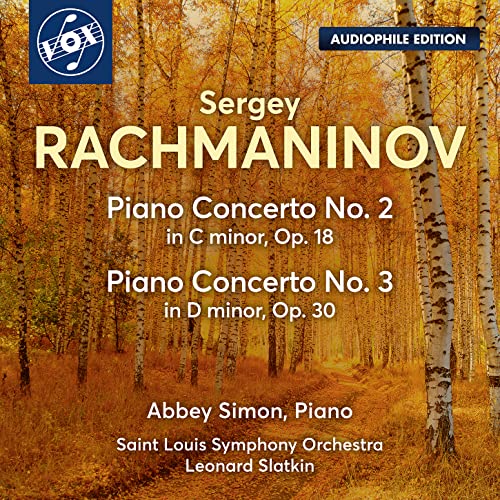 CD cover for Rachmaninov piano concertos with a forest background.