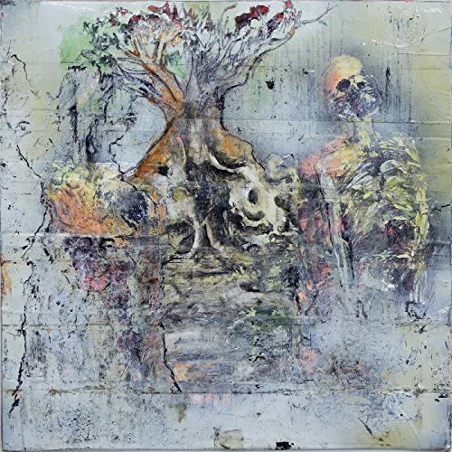 Painted image of a tree, skull, and skeletal figure on textured background.