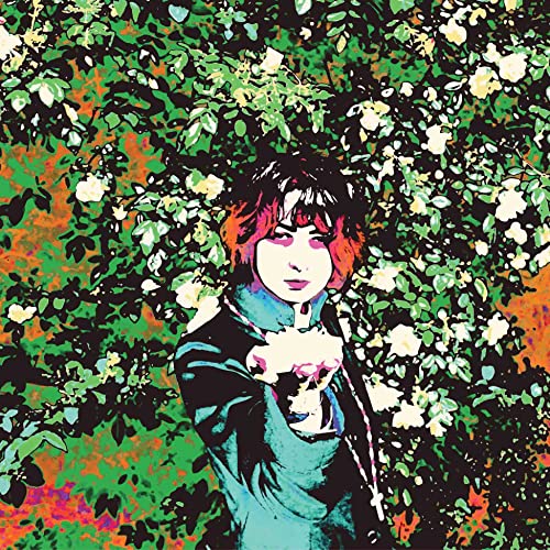 A stylized portrait of a person with dark hair standing before a flowering bush.