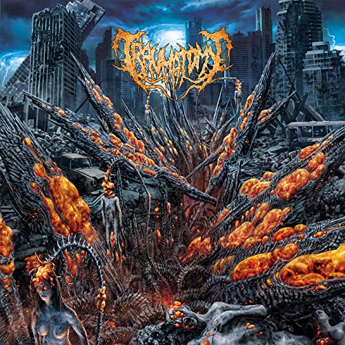 Dark album cover depicting a ruined city with monstrous, fiery figures.