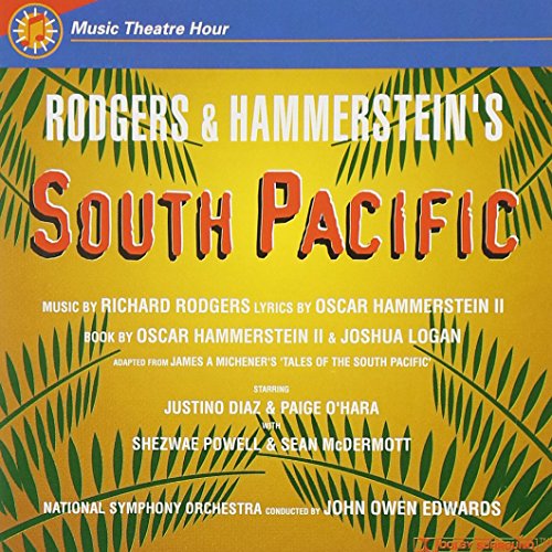 CD cover for “South Pacific” musical, yellow and blue tropical design.