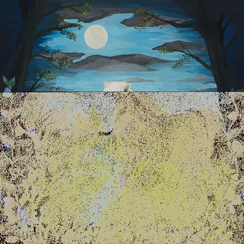 Painted album cover with a moonlit sky, trees, and textured foreground.