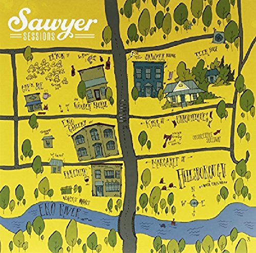 Colorful illustrated map of a town with buildings and a winding river.