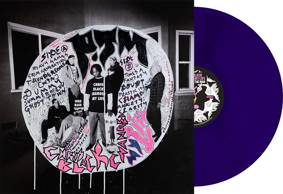 Portugal. The Man album cover with band photo and purple vinyl record.