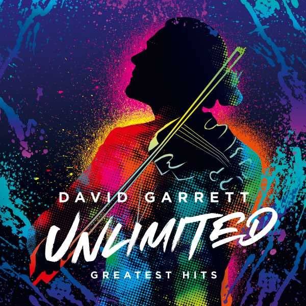 CD cover for David Garrett’s “Unlimited – Greatest Hits” with violinist silhouette.