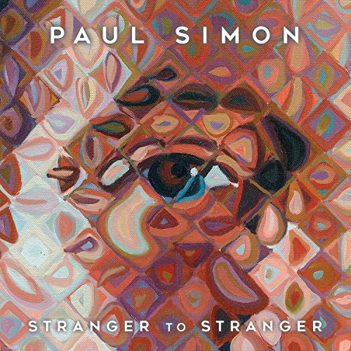 Painted portrait of Paul Simon with abstract, colorful geometric background.