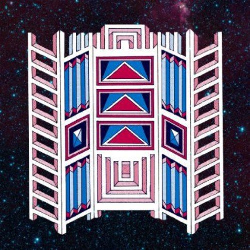 Geometric white structure with pink and blue details against a starry background.