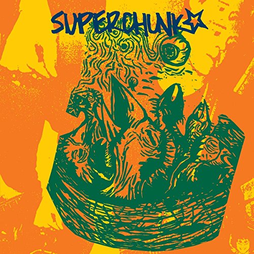 Superchunk album cover: orange background with green, textured illustration of a face.