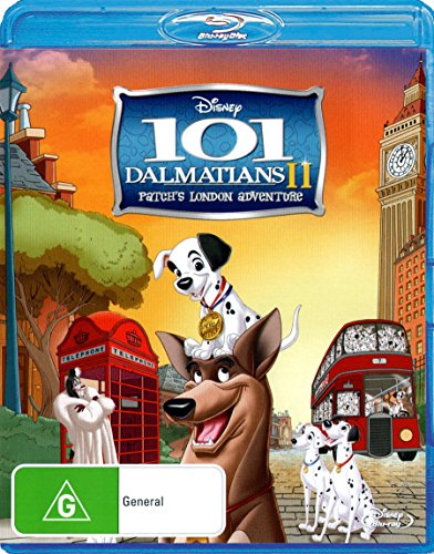 Blu-ray cover for "101 Dalmatians II: Patch's London Adventure" featuring cartoon dogs.