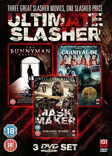 DVD cover for "Ultimate Slasher" triple feature with horror imagery.