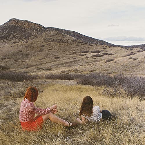 Two people sit in a grassy field with a mountain backdrop.