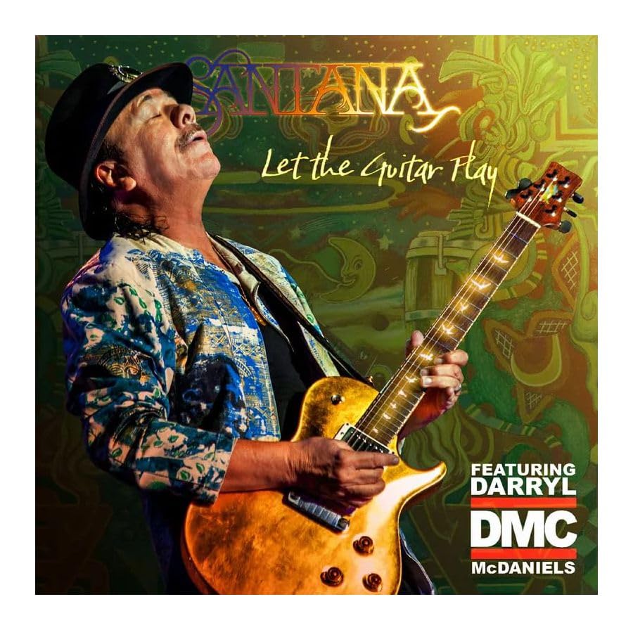 Carlos Santana playing a gold guitar on album cover, tie-dye background.