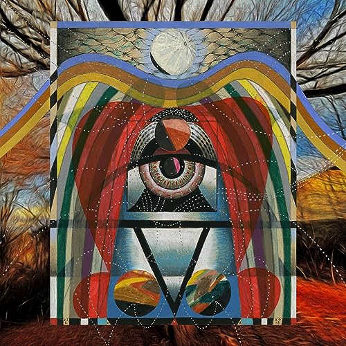 Surreal abstract artwork featuring a central eye, geometric shapes, and a moon above.