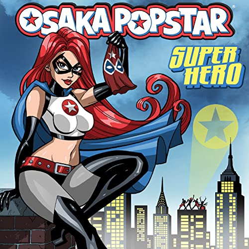 Cartoon superheroine with red hair poses before a city skyline.