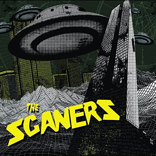 Sci-fi album cover featuring UFOs over a futuristic city landscape.