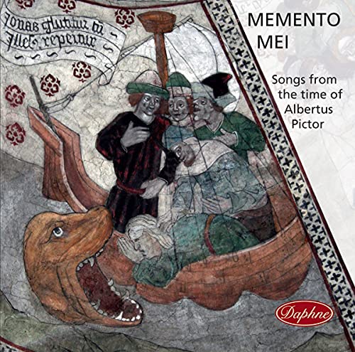 Medieval painting of a ship with figures, a dragon, and text.