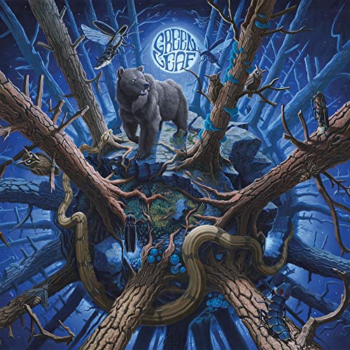 Bear stands on tree roots amidst a dark, detailed forest scene.