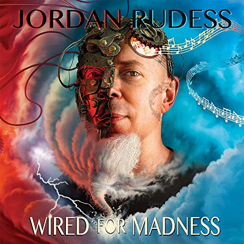Album cover for Jordan Rudess’ “Wired For Madness” featuring a half-mechanical face.