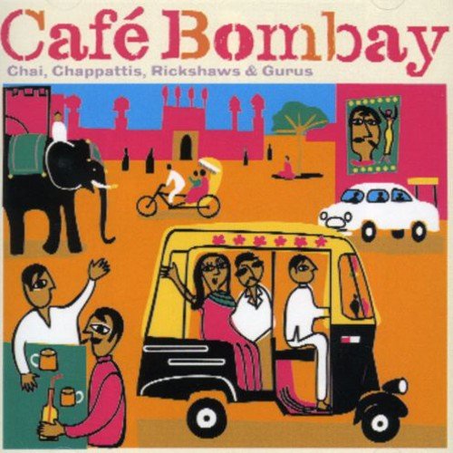 CD cover for “Café Bombay” with colorful Indian street scene illustration.