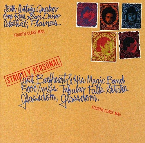 CD cover resembling a stamped envelope with handwriting and portraits.