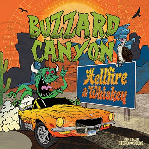 Album cover: Buzzard Canyon - Hellfire & Whiskey, illustrated desert scene.