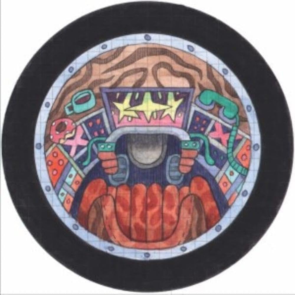 Black vinyl record label with colorful, abstract illustrated design.
