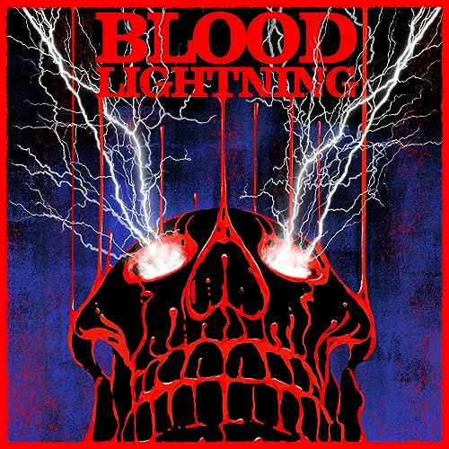 Skull with glowing eyes and lightning bolts, red and blue background.