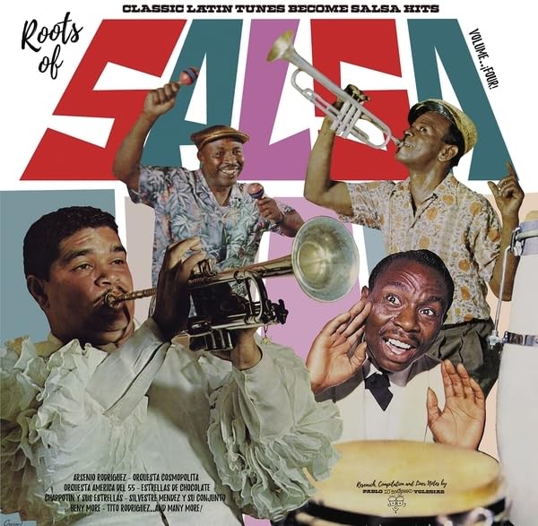 Vintage album cover featuring musicians playing brass instruments, titled "Roots of Salsa.