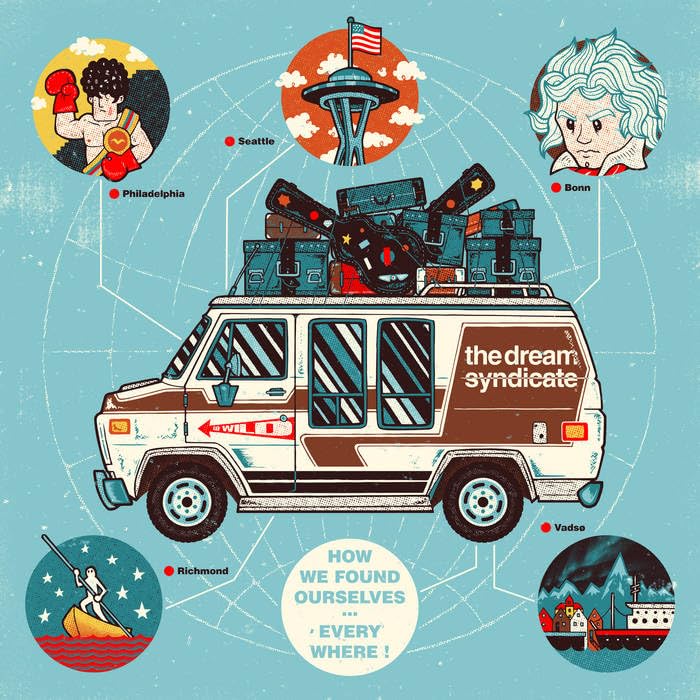 Illustration of a van with luggage, portraits, and city landmarks.